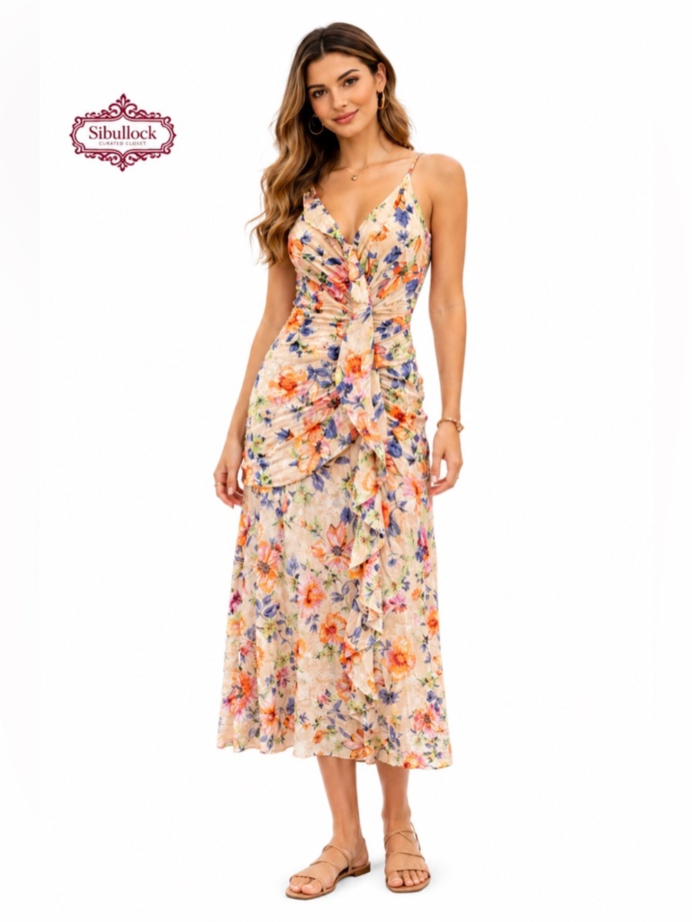 NWT Lulu's Floral Midi Dress in Cream with Orange & Blue Flowers